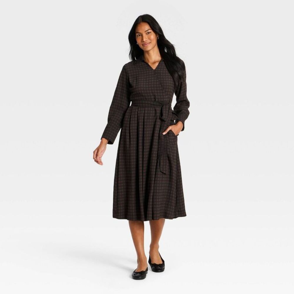 Women's Long Sleeve Tie-Waist Midi Dress - A New Day Brown Gingham L